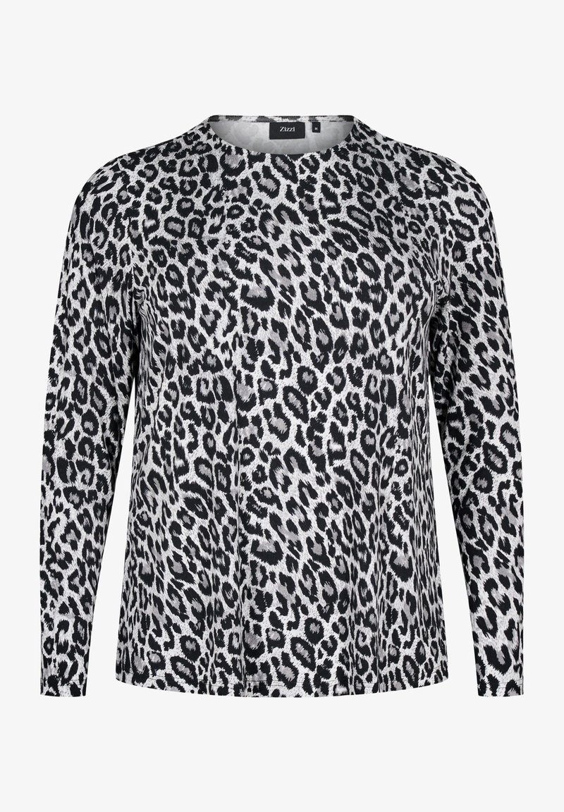 Chemise à manches longues avec motif léopard noir et blanc et col rond, taille moyenne, marque Zizzi.