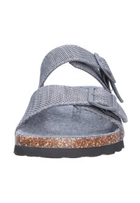 Sandal grigio regolabile con cinturini in tessuto, soletta in sughero e tomaia testurizzata. Presenta due fibbie e una soletta sagomata per il comfort.
