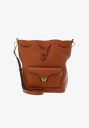 Borsa a secchiello in pelle marrone con tasca frontale, chiusura con fibbia dorata, coulisse e tracolla regolabile.