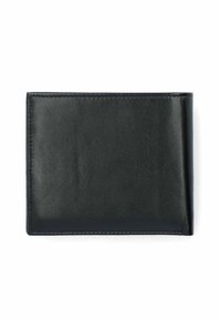 Czarny skórzany portfel o teksturowanej powierzchni, prostokątnym kształcie i gładkich krawędziach. Brak widocznych elementów metalowych lub wzorów. Prosty i minimalistyczny design.