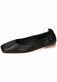 Ballet flat in pelle nera con punta quadrata. Presenta una parte posteriore elasticizzata arricciata e una piccola suola marrone con dettagli minimi. Taglia contrassegnata come 37.