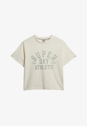Crème korte mouwen t-shirt van katoen met een ronde hals, voorzien van een grote grijze grafische print met de tekst "SUPER DRY ATHLETIC."