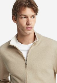 Ung man med ljusbrunt hår som bär en beige zip-up tröja över en vit skjorta, tittar svagt åt höger mot en vit bakgrund.