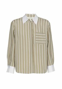 Beige striped long-sleeve shirt with white collar and cuffs, featuring a chest pocket with horizontal stripes. Smooth fabric texture.