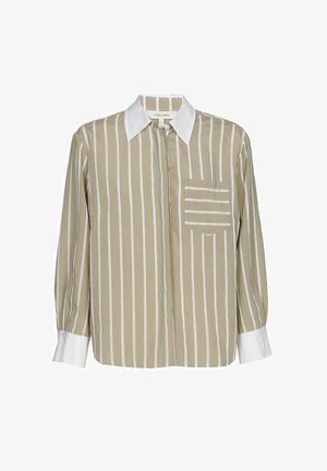 Chemise à manches longues beige rayée avec col et poignets blancs, dotée d'une poche poitrine avec des rayures horizontales. Texture de tissu lisse.