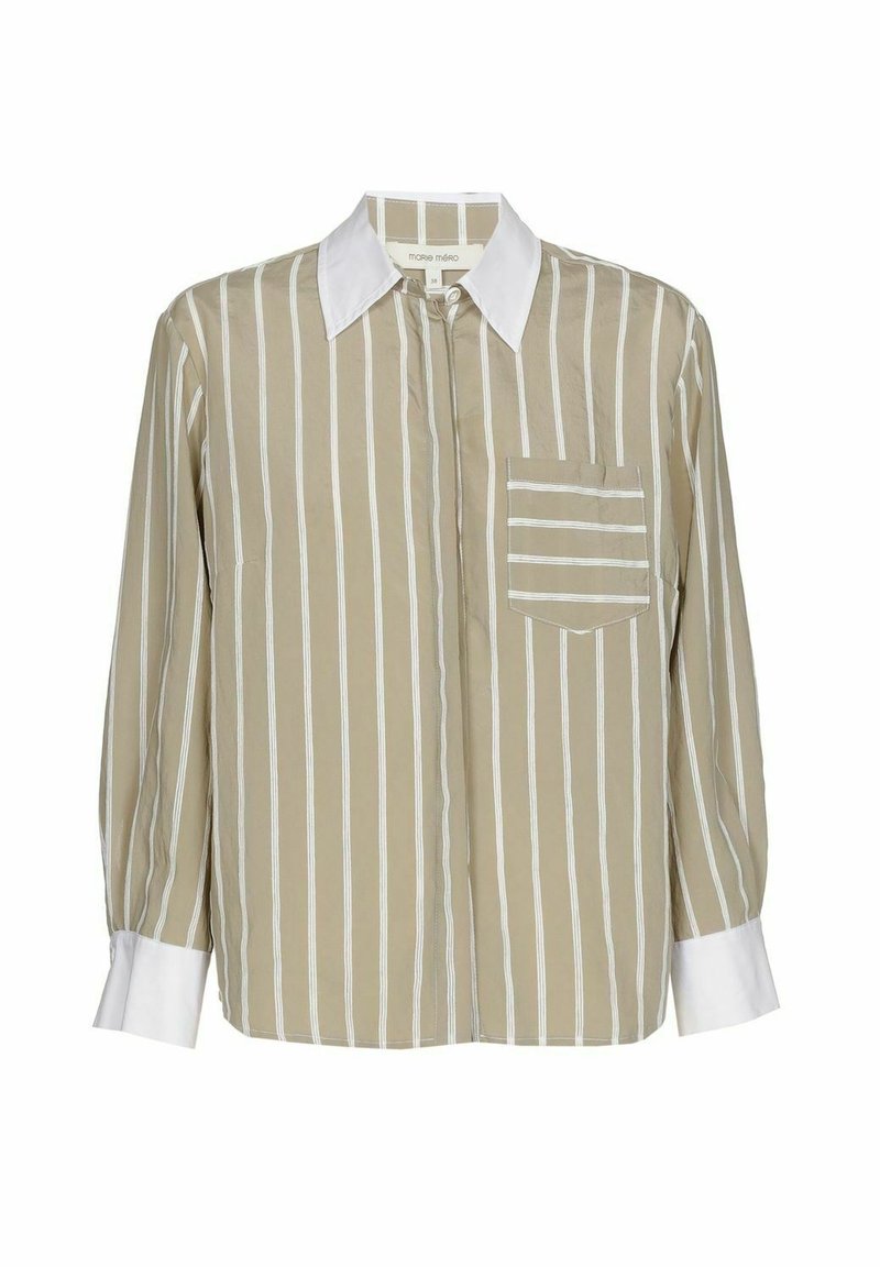 Beige striped long-sleeve shirt with white collar and cuffs, featuring a chest pocket with horizontal stripes. Smooth fabric texture.