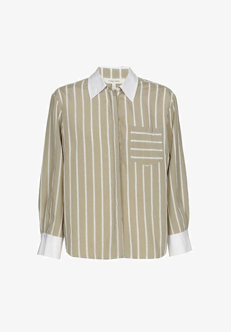 Beige striped long-sleeve shirt with white collar and cuffs, featuring a chest pocket with horizontal stripes. Smooth fabric texture.