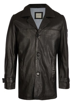 Chaqueta de cuero negra con solapa, cierre de botones, dos bolsillos laterales y un forro suave azul. Presenta un corte relajado y una textura lisa.