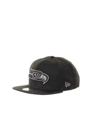 Black baseball cap made of fabric featuring a prominent gray embroidered Seattle Seahawks logo on the front and a flat brim.