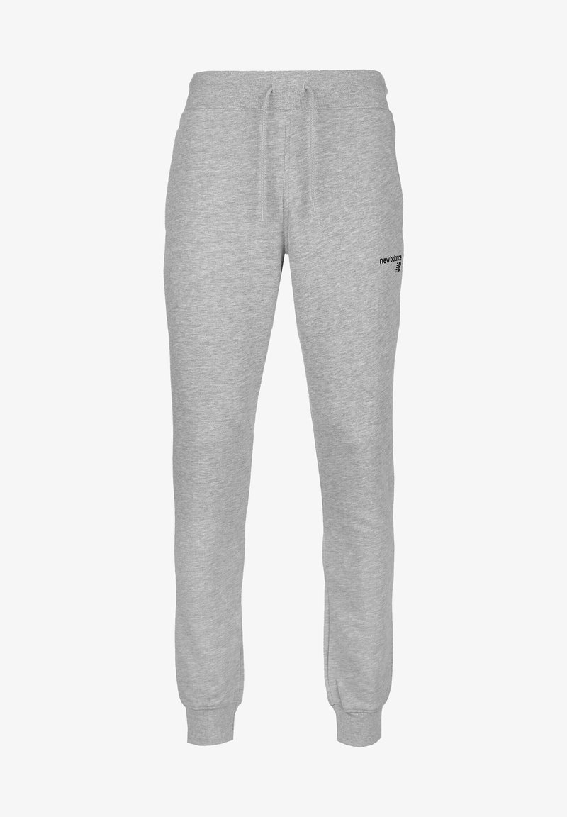 Graue Sweatpants aus weichem Baumwollmischgewebe, mit elastischem Bund und Kordelzug sowie einem schwarzen Logoakzent am linken Oberschenkel.