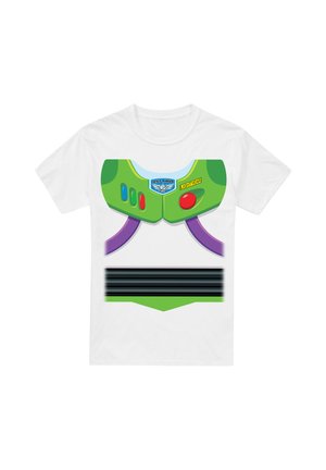 White t-shirt featuring a green and purple graphic resembling a space ranger suit, with colored buttons and a badge detailing.