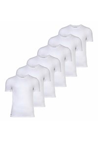 Set di sei t-shirt bianche a maniche corte realizzate in cotone morbido. Ogni maglietta presenta un classico collo tondo e una vestibilità standard.