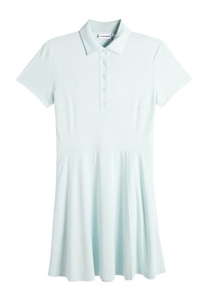 Vestito polo celeste a maniche corte con patta con bottoni e gonna svasata, scollo con colletto e tessuto morbido.