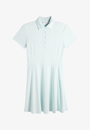 Vestito polo celeste a maniche corte con patta con bottoni e gonna svasata, scollo con colletto e tessuto morbido.