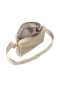 Borsa a tracolla beige realizzata in materiale liscio, con un compartimento principale con zip, tasche interne e una tracolla regolabile e testurizzata.
