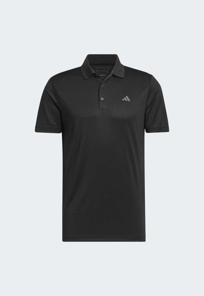 Czarna koszulka polo z krótkim rękawem z kołnierzykiem i zapięciem na trzy guziki, z małym logo Adidas na lewej piersi.