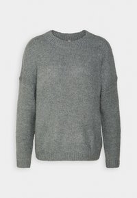 Szary sweter z dzianiny z okrągłym dekoltem, długimi rękawami oraz ściągaczami przy mankietach i na dole. Miękka faktura i luźny krój.