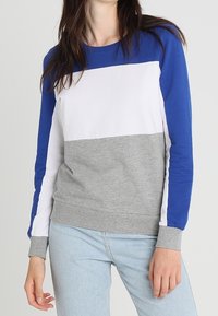 Bomullströja med färgblockdesign i blå, vit och grå sektioner. Rund hals, långa ärmar och ribbade manschetter.