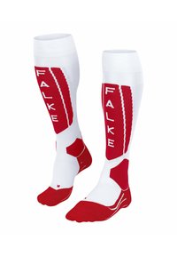 Rot-weiße kniehohe Socken aus strukturiertem Stoff, mit dem fettgedruckten "FALKE"-Logo in Weiß, hexagonalen Akzenten am Knöchel und glatter Oberfläche.