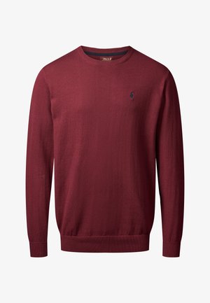 Burgunderfarbener Langarm-Pullover mit Rundhalsausschnitt, gerippten Bündchen und Saum, mit einem kleinen dunkel gestickten Logo auf der linken Brust.