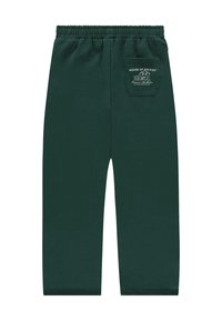 Zielone dresy wykonane z miękkiego materiału, z elastycznym pasem, prostymi nogawkami i tylną kieszenią z białym nadrukiem.