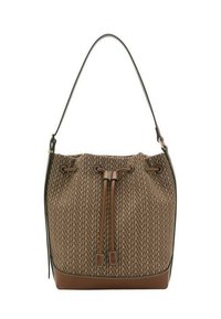 Sac seau en tissu marron à motifs avec un système de fermeture à cordon, des accents en cuir et une bandoulière incurvée. Texture lisse et forme structurée.