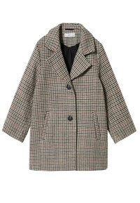 Ruudullinen takki, jossa on suuret läpät, kaksirivinen etuosa, kaksi sivutaskua ja musta vuori. Värit sisältävät beigen, ruskean ja vivahduksia punaisesta.