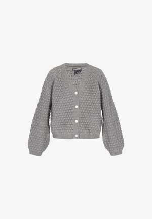 Grijze gebreide cardigan met een gestructureerd patroon, v-hals, lange ballonmouwen en vijf witte knopen aan de voorkant. Zachte stofafwerking.