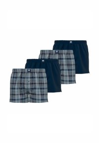 Cuatro pares de calzoncillos de hombre: dos en color azul marino sólido, dos en cuadros con tonos azules y grises, con cinturillas elásticas y una etiqueta de logo.