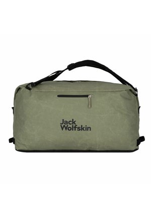 Grüne Duffle-Tasche aus strapazierfähigem Material, mit einem Reißverschlussfach, schwarzen Akzenten und dem "Jack Wolfskin"-Logo auf der Vorderseite.