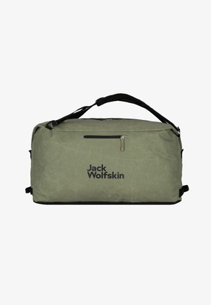 Green duffle bag made of durable material, featuring a zippered pocket, black accents, and "Jack Wolfskin" logo on the front.