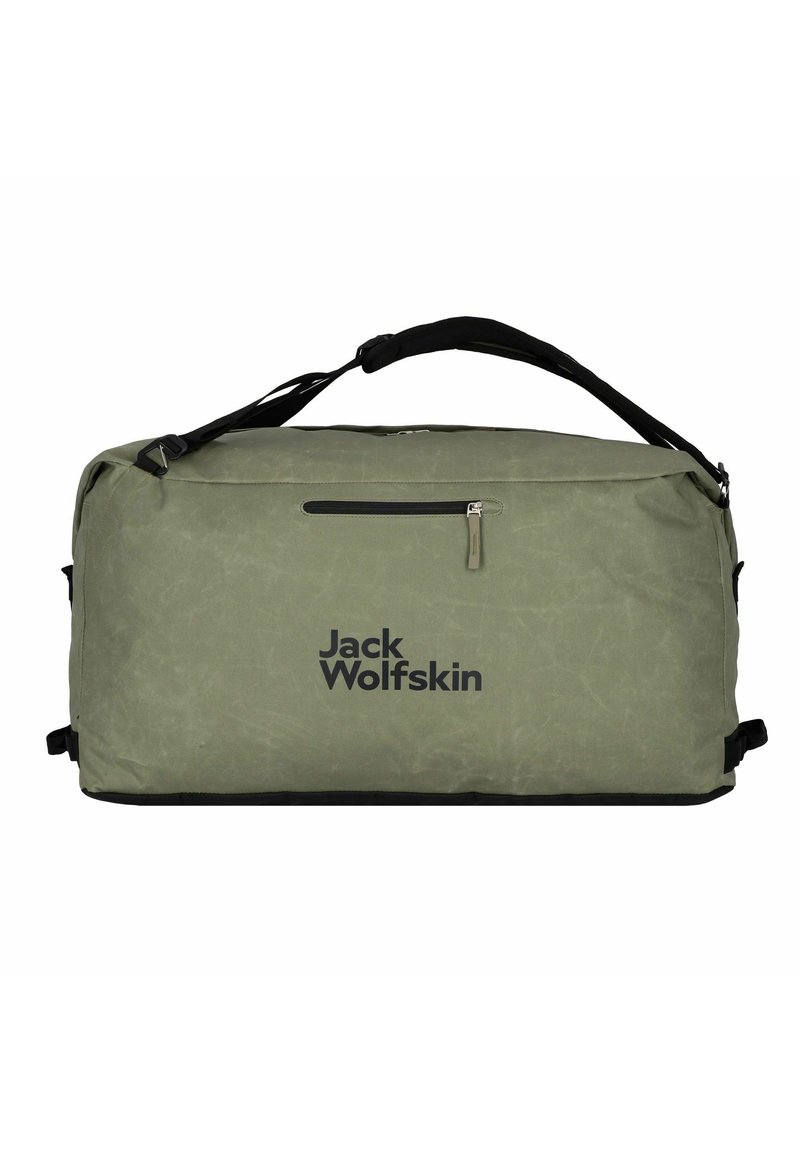 Sac de sport vert en matériau durable, avec une poche zippée, des accents noirs et le logo "Jack Wolfskin" sur le devant.
