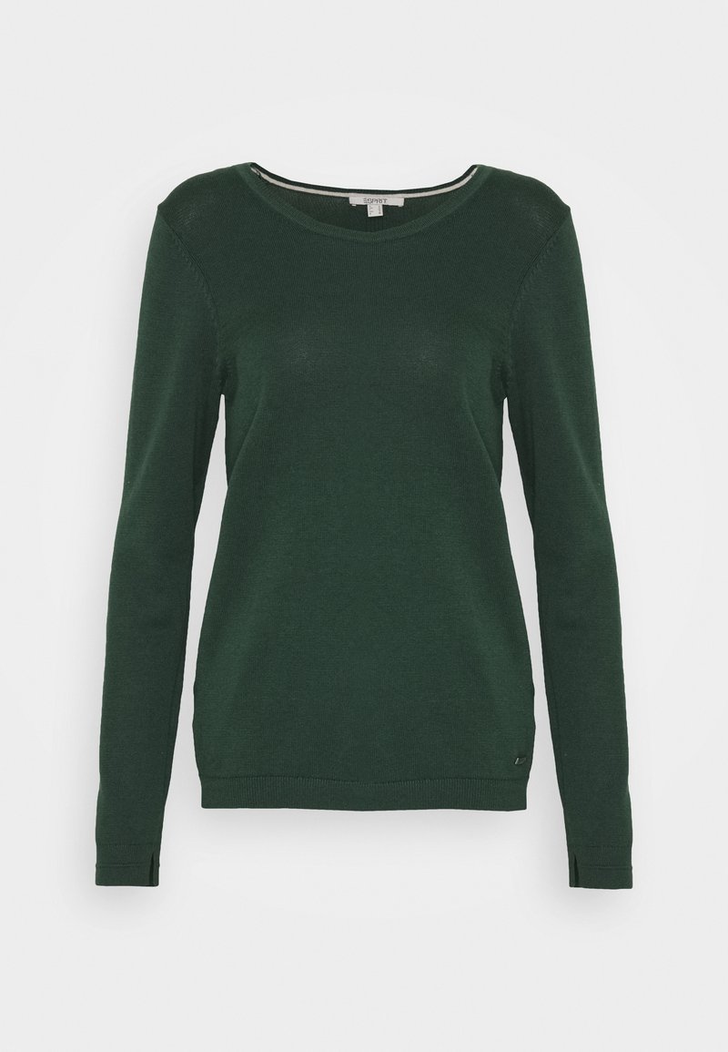 Mörkgrön långärmad tröja i ribbat material med rund halsringning och sidokilar. Har en litet märke vid fållen.