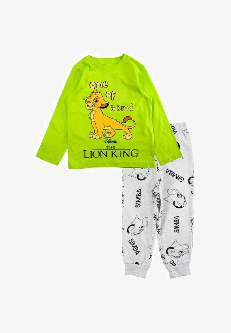 Haut vert à manches longues avec Simba et l'inscription « unique en son genre », associé à un pantalon gris orné de visages de Simba en noir et blanc et du texte « SIMBA ».