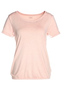 Camiseta de manga corta color rosa claro con escote en forma de barco, dobladillo fruncido y tela suave y texturizada. La etiqueta dice "Venice Beach."