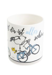 Ceramic mug featuring a cartoon character riding a blue bicycle, black text, and a yellow accent, with a white background.