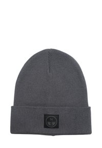 Gorro de punto gris con puño doblado, que presenta un parche de logo circular negro en la parte frontal. Textura suave y ajuste ceñido.