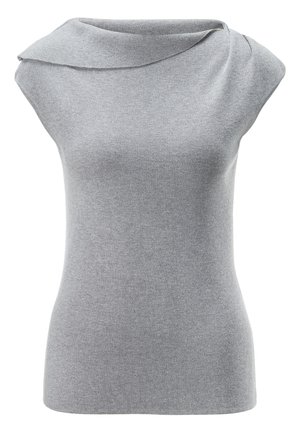 Ærmeløs grå strik top med en foldet asymmetrisk krave og en tætsiddende silhuet.