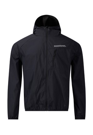 Schwarze, leichte Kapuzenjacke mit Frontreißverschluss, Brusttasche mit Reißverschluss, elastischen Bündchen und "ROSSIGNOL"-Logo auf der Brust.