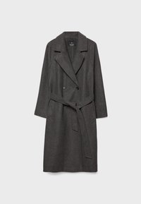 Gray wool-blend coat with a double-breasted front, wide lapels, long sleeves, and a belt at the waist. Features two side pockets.