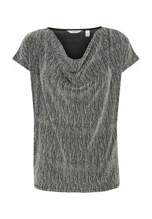 Lyhythihainen paita musta-hopeasekoituksessa, jossa on laskostettu cowl-kaula-aukko ja teksturoitu pystysuora kuvio. Kevyt kangas, jossa on hieno kiilto.