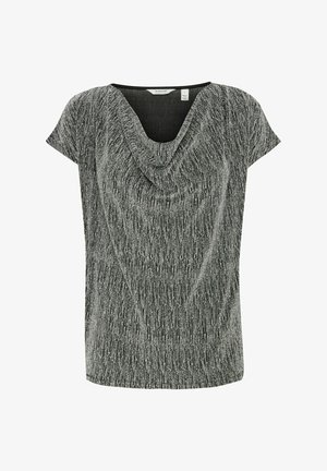 Lyhythihainen paita musta-hopeasekoituksessa, jossa on laskostettu cowl-kaula-aukko ja teksturoitu pystysuora kuvio. Kevyt kangas, jossa on hieno kiilto.