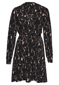 Black dress with long sleeves, collared design, patterned with white and orange floral motifs intertwined with thin lines; includes a tied waist detail.