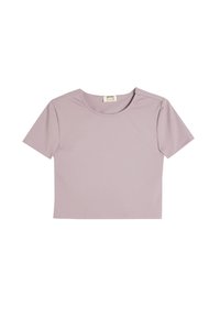 Lyse lilla cropped T-shirt lavet af blødt stof. Har en rund halsudskæring og korte ærmer med en glat tekstur og uden tydelige mønstre.