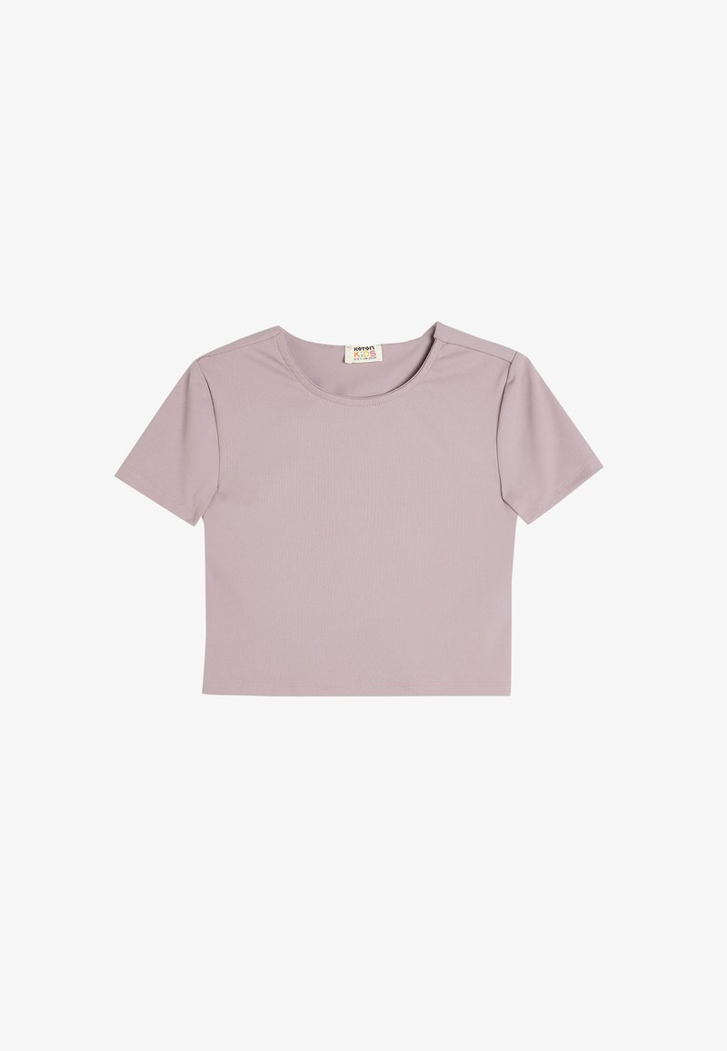 Lyse lilla cropped T-shirt lavet af blødt stof. Har en rund halsudskæring og korte ærmer med en glat tekstur og uden tydelige mønstre.