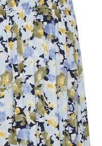 Blommig plisserad kjol gjord av lätt tyg med blå, gula och gröna blommor på en ljusblå bakgrund, med elastisk midja.