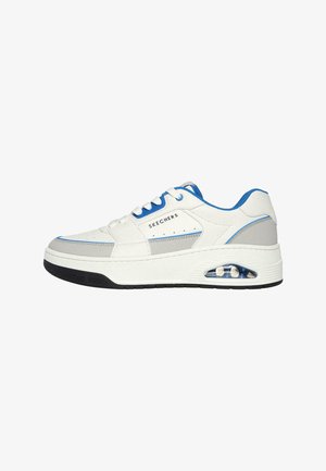 White sneaker with blue accents, leather and synthetic materials, lace-up design, round toe, and visible air cushioning in sole.