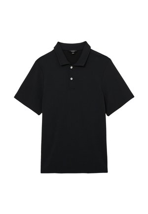 Sort kortærmet poloshirt med to sølvknapper og en klassisk krave, vist på en hvid baggrund.