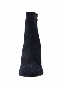 Navy Wildleder-Ankle-Boot mit schlankem, tailliertem Design, seitlichem Reißverschluss und spitz zulaufender Zehenpartie. Glatte Oberfläche mit minimaler Nahtverarbeitung.
