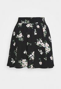 Jupe noire à motifs floraux avec une taille élastique ; présente des motifs floraux blancs et verts ; tissu léger ; design évasé avec des plis.